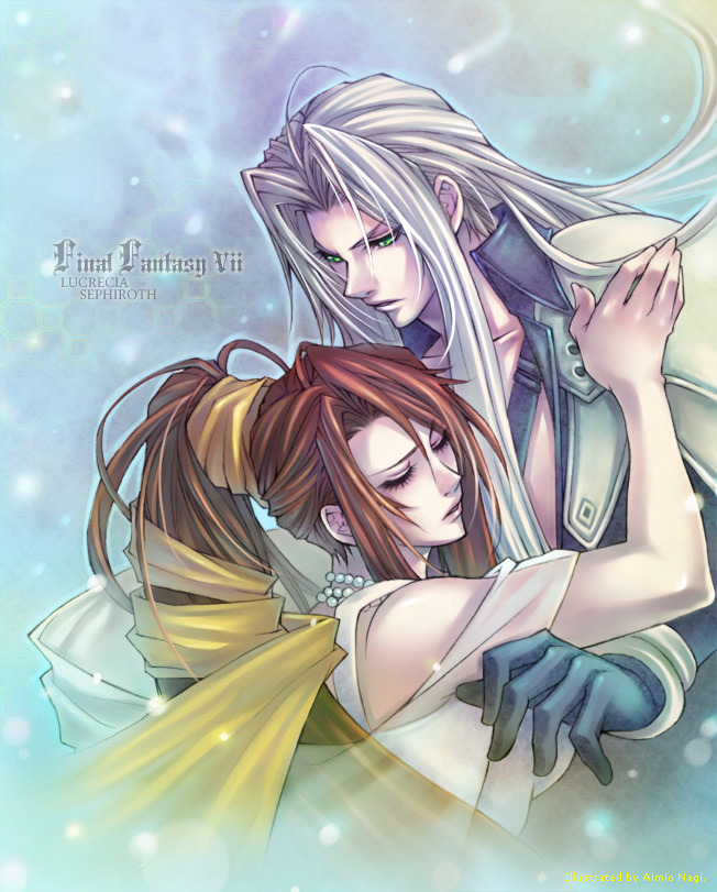 1girl aimio_nagi aimionagi armor brown_hair character_name closed_eyes dress female final_fantasy final_fantasy_vii gloves green_eyes jewelry long_hair lucrecia_crescent male mother_and_son necklace ponytail ribbon sephiroth silver_hair spoilers title_drop yellow_ribbon