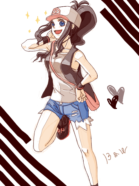 1girl antenna_hair armpits bare_shoulders baseball_cap black_hair blue_eyes boots brown_hair denim denim_shorts h2_(tegaki) hand_on_waist hat heart high_ponytail long_hair messenger_bag open_mouth pokemon pokemon_(game) pokemon_black_and_white pokemon_bw ponytail purse short_shorts shorts smile socks solo sparkle tank_top tegaki touko_(pokemon) vest wavy_hair wristband