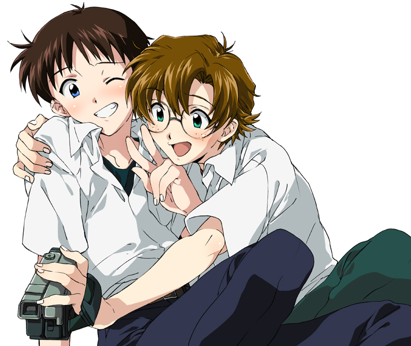 aida_kensuke blue_eyes blush brown_hair camcorder freckles glasses hug ikari_shinji male multiple_boys neon_genesis_evangelion smile