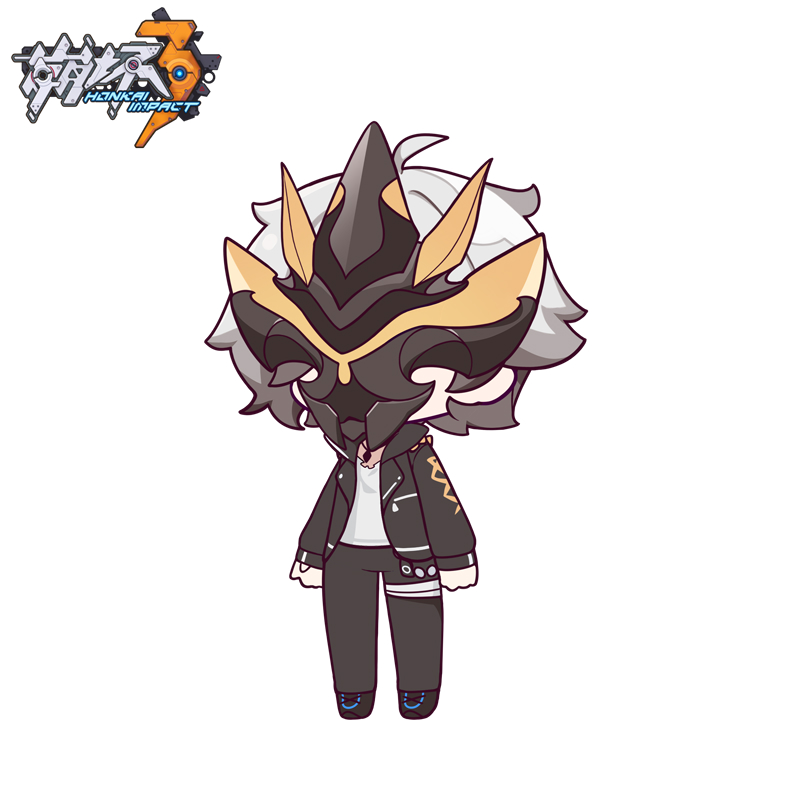 1boy ahoge black_footwear black_jacket black_pants character_request chibi copyright_name eta facing_viewer full_body grey_hair honkai_(series) honkai_impact_3rd jacket long_sleeves male_focus mask open_clothes open_jacket pants shirt shoes simple_background sleeves_past_wrists solo standing white_background white_shirt
