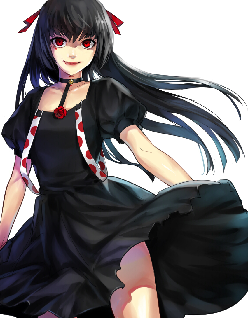 1boy androgynous bangs black_choker black_dress black_hair choker collarbone commentary_request cowboy_shot crossdressing dress eyebrows_visible_through_hair grey_background hair_ribbon long_hair male_focus puffy_short_sleeves puffy_sleeves red_eyes red_ribbon ribbon shiny shiny_hair shiromi_(ringo) short_sleeves simple_background smile solo stitches suspenders suzuya_juuzou tokyo_ghoul tokyo_ghoul:re