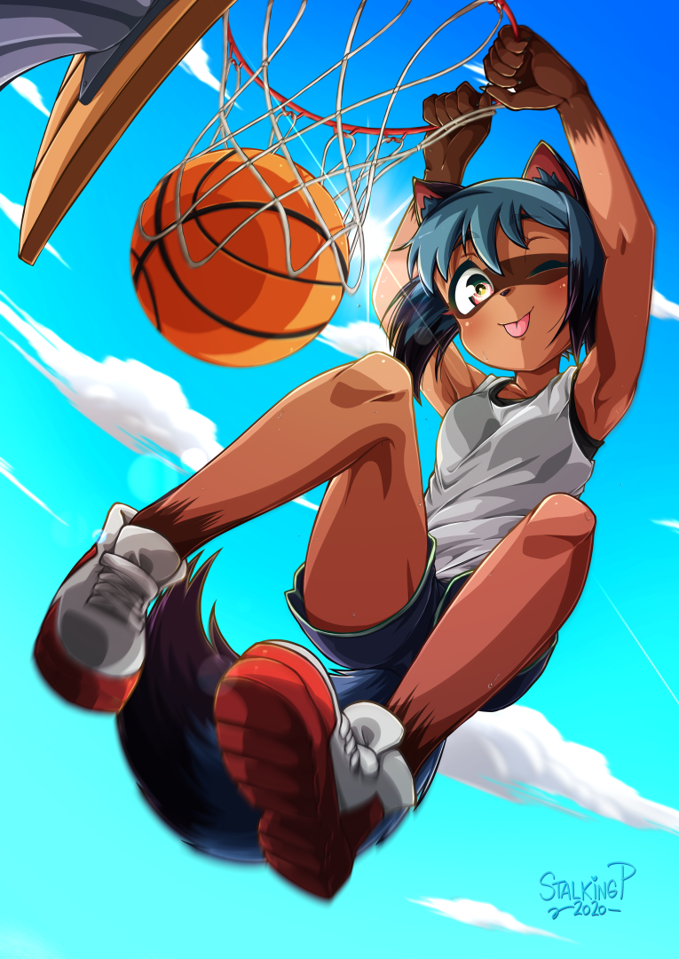 1girl ;p animal_ears armpits artist_name ball basketball basketball_hoop black_hair blue_hair blue_shorts blue_sky bob_cut body_fur brand_new_animal clouds commentary dark-skinned_female dark_skin dated fangs furry furry_female jumping kagemori_michiru lens_flare multicolored_hair one_eye_closed open_mouth outdoors raccoon_ears raccoon_girl raccoon_tail red_eyes shoes short_hair shorts sky smile sneakers solo stalkingp sun sweat tail tank_top teeth tongue tongue_out two-tone_hair upper_teeth white_tank_top