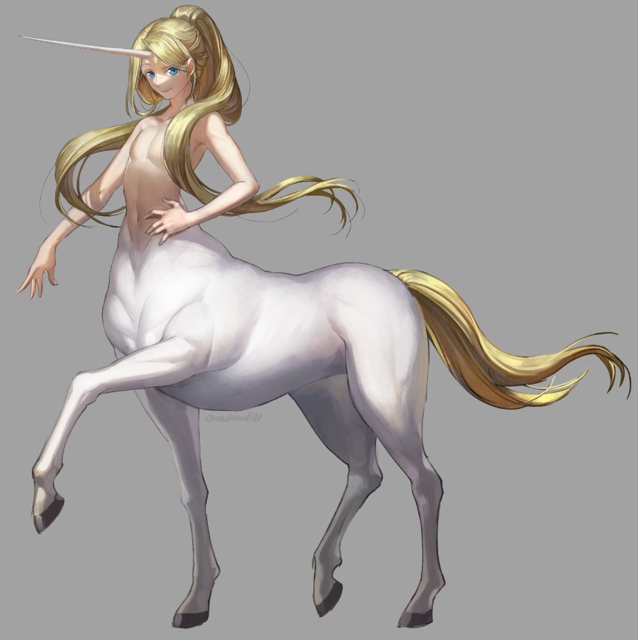 1other androgynous blonde_hair blue_eyes centaur closed_mouth completely_nude grey_background horns long_hair looking_at_viewer mullmull02 nude original ponytail simple_background single_horn smile solo taur twitter_username unicorn very_long_hair