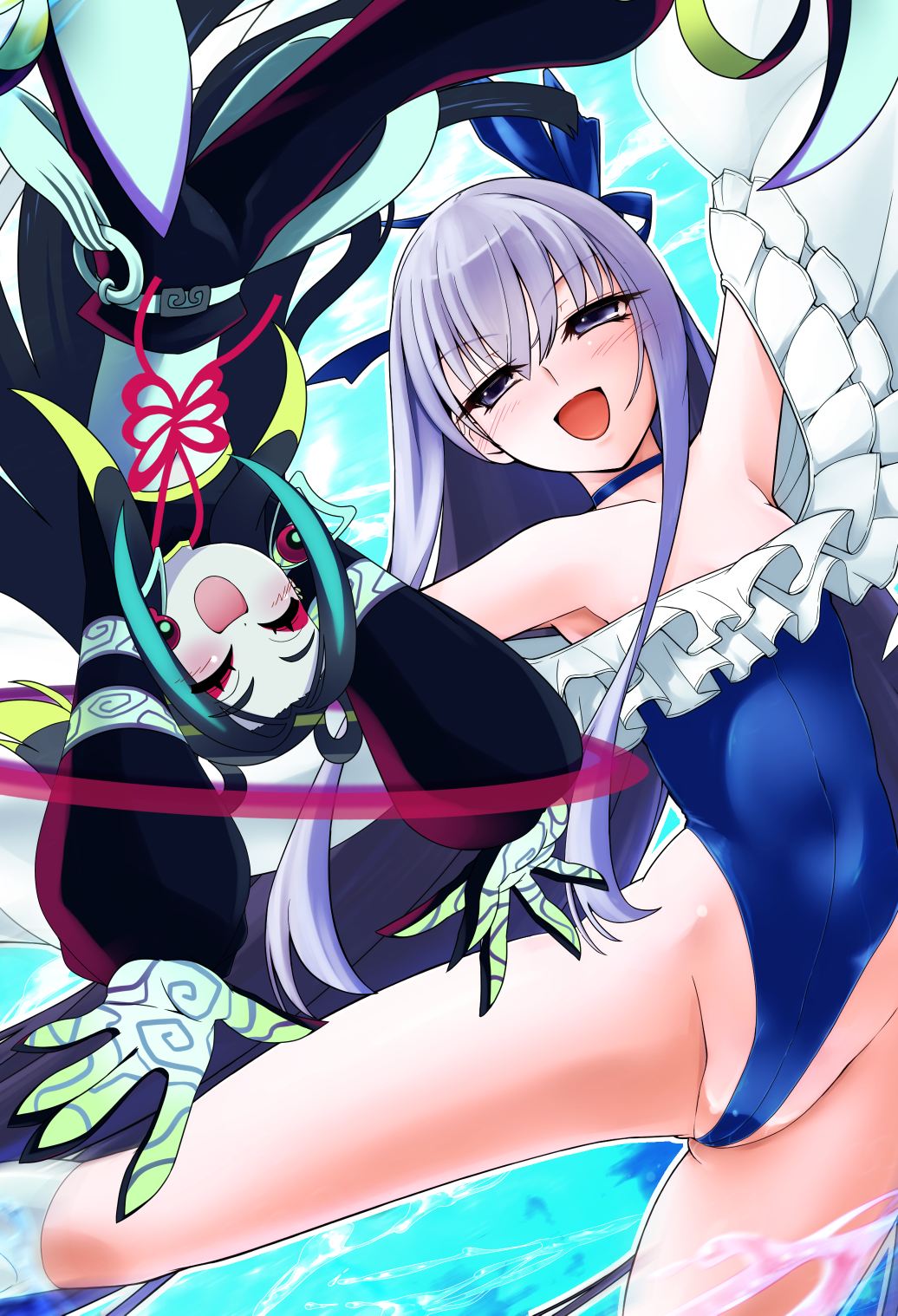1boy 1girl absurdly_long_hair black_pants blue_choker blue_ribbon blue_swimsuit breasts chinese_clothes choker eyeshadow fate/grand_order fate_(series) frilled_swimsuit frills highleg highleg_swimsuit highres hisame_genta long_hair makeup meltryllis_(fate) meltryllis_(swimsuit_lancer)_(fate) meltryllis_(swimsuit_lancer)_(second_ascension)_(fate) off-shoulder_one-piece_swimsuit off_shoulder one-piece_swimsuit open_mouth pale_skin pants purple_hair red_eyeshadow ribbon sleeves_past_fingers sleeves_past_wrists small_breasts strapless strapless_swimsuit swimsuit taisui_xingjun_(fate) very_long_hair violet_eyes