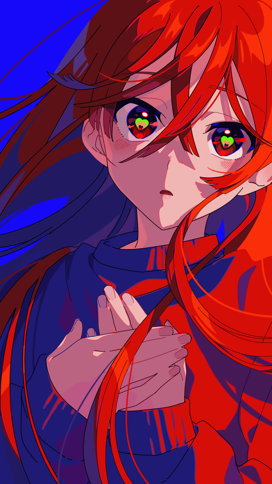 1girl bangs blue_background crossed_bangs eyebrows_visible_through_hair hair_between_eyes hands_on_own_chest heart heart-shaped_pupils highres long_hair long_sleeves looking_at_viewer open_mouth original red_eyes redhead simple_background sleeves_past_wrists solo sweater symbol-shaped_pupils yuigahama_(user_nevh3547)
