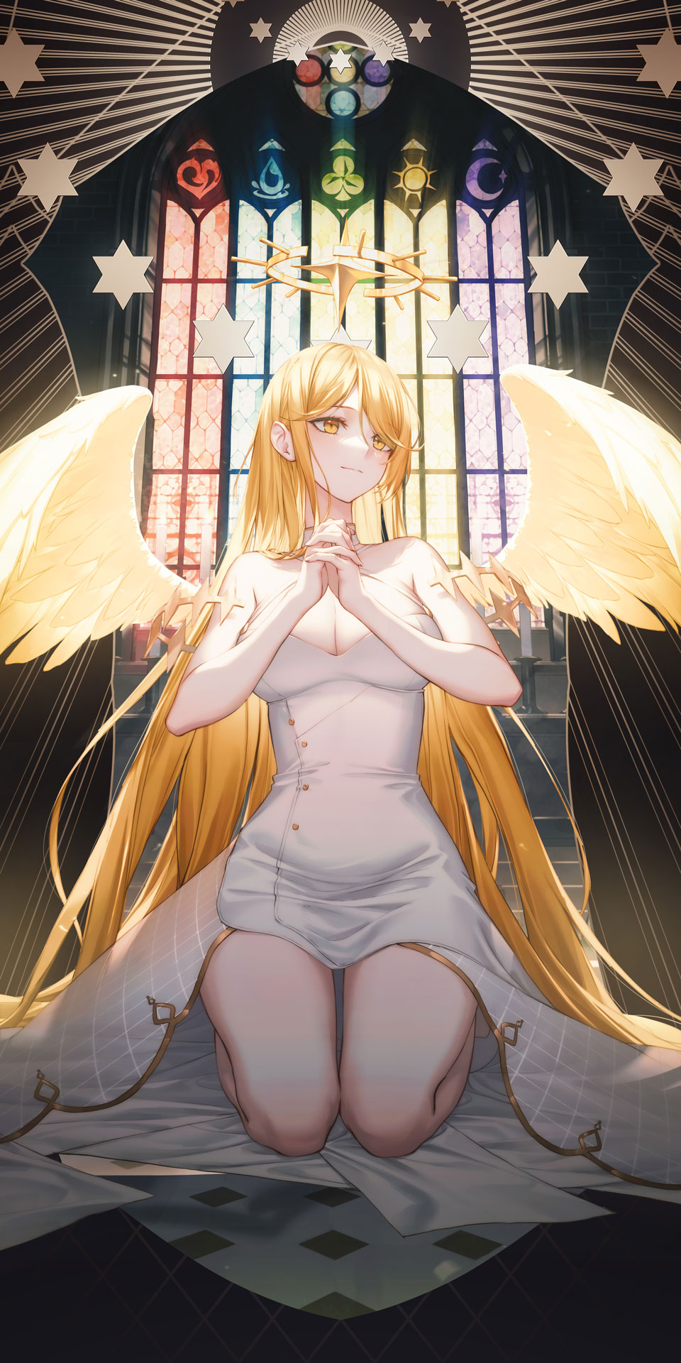 1girl artist_request bangs blonde_hair breasts buttons character_request closed_mouth dress feathered_wings grimlight halo halter_dress halterneck highres interlocked_fingers large_breasts long_hair looking_away official_art own_hands_together praying seiza sitting solo very_long_hair white_dress wings yellow_eyes