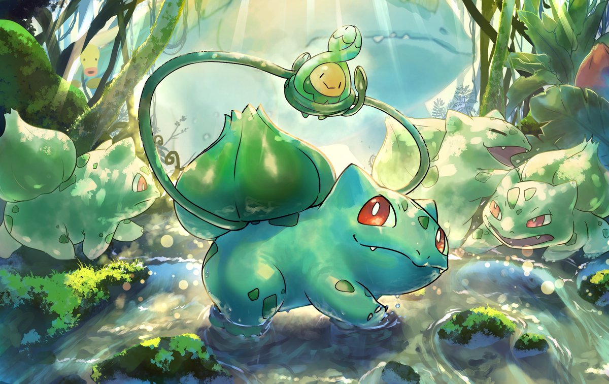 bellsprout bright_pupils budew bulbasaur closed_mouth commentary_request day fangs fangs_out holding holding_pokemon light_rays looking_up moss no_humans outdoors p!k@ru plant pokemon pokemon_(creature) red_eyes smile vines wading water white_pupils