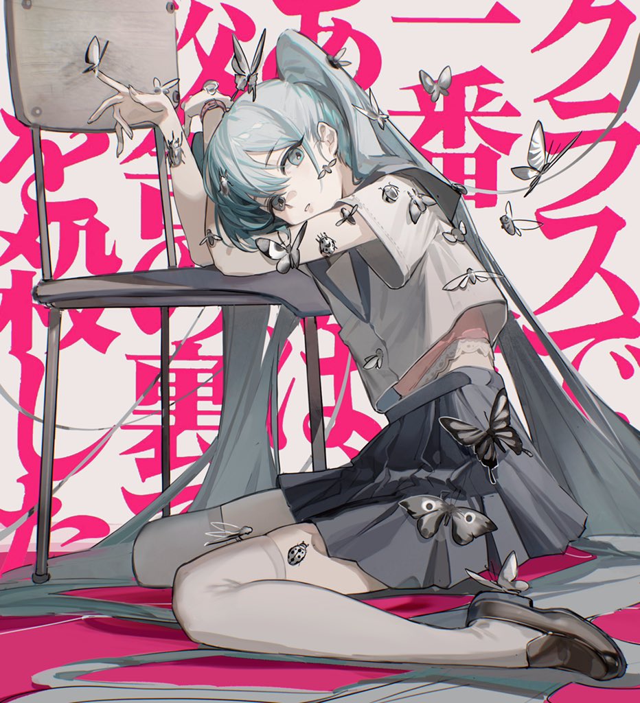 1girl absurdly_long_hair bangs black_butterfly black_footwear black_skirt blue_eyes blush bug butterfly chair eyebrows_visible_through_hair full_body grey_butterfly grey_legwear hands_up hatsune_miku insect_on_finger insect_on_hair insect_on_head kanji ladybug long_hair looking_at_viewer on_floor panties parted_lips pleated_skirt rumoon school_chair shirt shoes short_sleeves sitting skirt solo thigh-highs twintails underwear very_long_hair vocaloid wariza watch watch white_background white_panties white_shirt zettai_ryouiki
