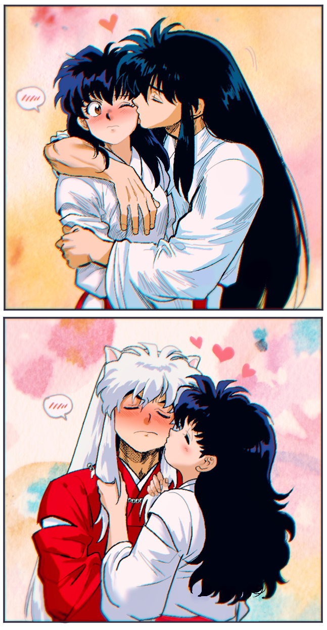 1boy 1girl alternate_form animal_ears arm_around_shoulder bangs bead_necklace beads black_hair blush closed_mouth couple dog_ears embarrassed facing_viewer frown hand_on_another's_arm hands_up happy heart hetero highres higurashi_kagome holding_another's_hair hug inuyasha inuyasha_(character) japanese_clothes jewelry jungyun99 kiss kissing_cheek long_hair long_sleeves miko multiple_views necklace nose_blush one_eye_closed profile sidelocks smile spoken_blush strapless upper_body white_hair