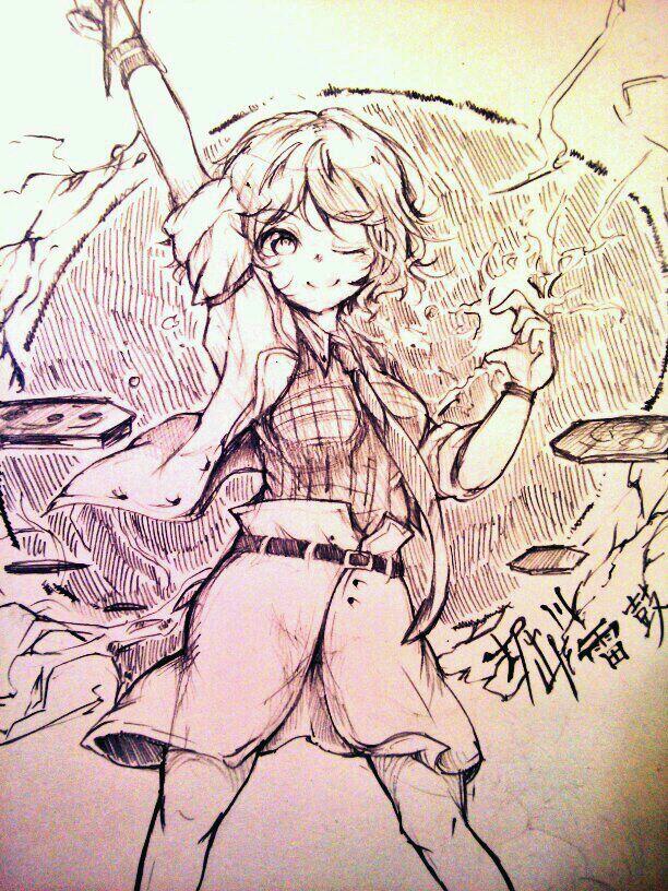 1girl belt breasts closed_mouth commentary_request drum drumsticks electricity greyscale happy horikawa_raiko instrument jacket long_sleeves medium_breasts miniskirt monochrome necktie one-hour_drawing_challenge one_eye_closed open_clothes open_jacket plaid plaid_shirt shirt short_hair skirt smile touhou traditional_media wadante wristband