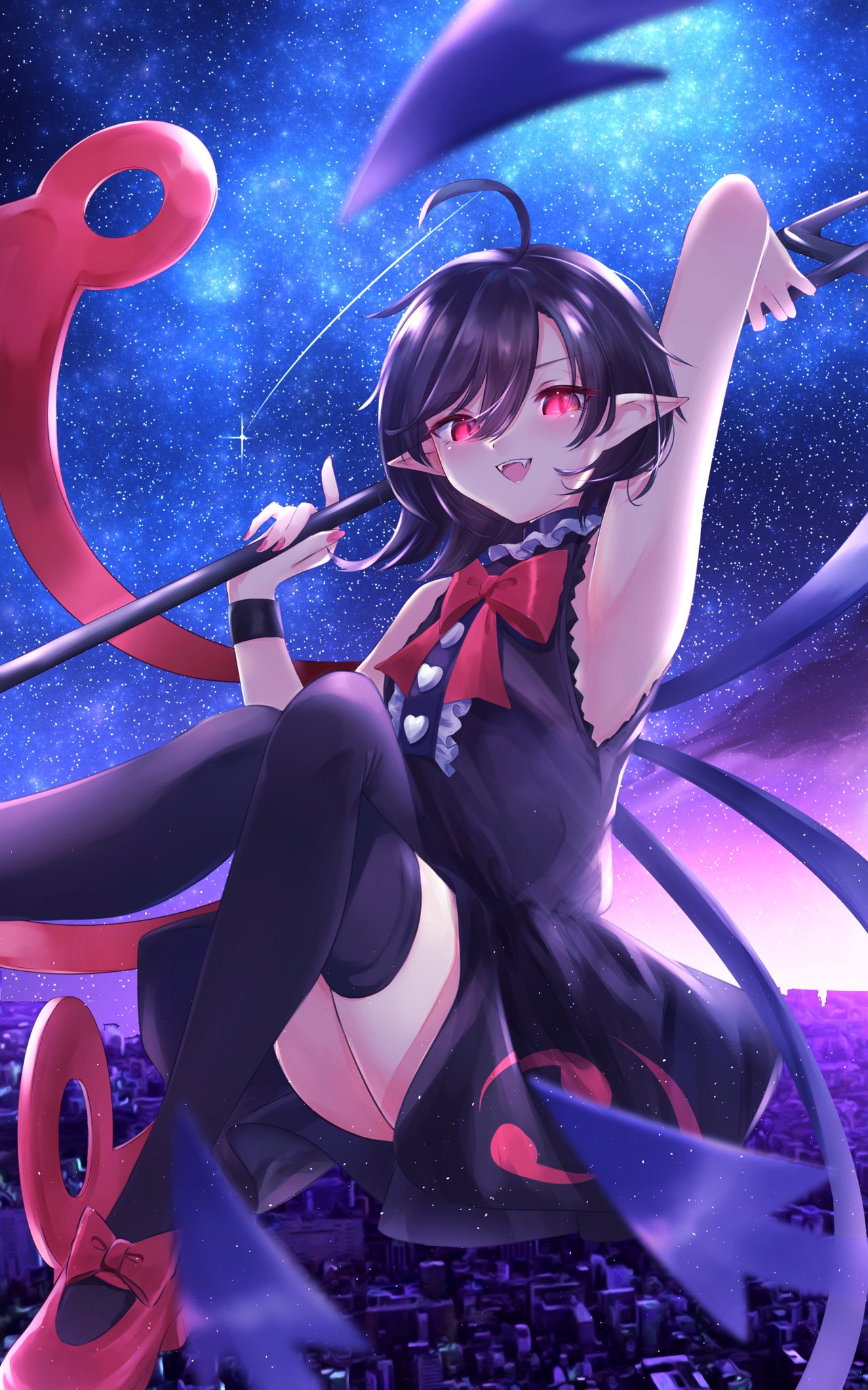 1girl asymmetrical_wings bangs black_dress black_hair black_legwear blue_wings bow bowtie center_frills dress frills highres holding holding_polearm holding_weapon houjuu_nue looking_at_viewer mizore_arius outdoors polearm red_bow red_bowtie red_eyes red_nails red_wings short_hair sky solo star_(sky) starry_sky thigh-highs touhou trident weapon wings