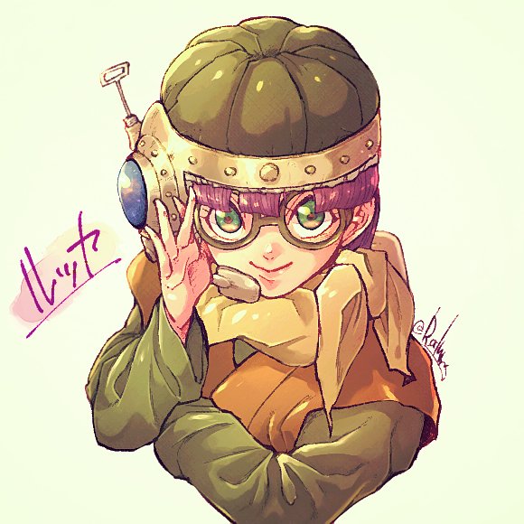 1girl aluman chrono_trigger closed_mouth glasses green_eyes helmet looking_at_viewer lucca_ashtear purple_hair scarf short_hair signature simple_background smile solo