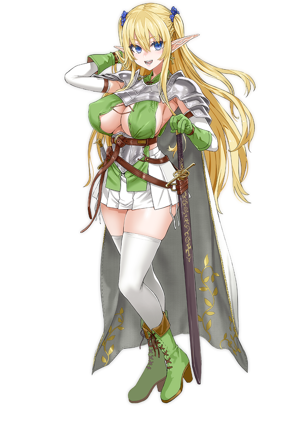 1girl armor asanagi bangs blonde_hair blue_eyes boots breasts cape cleavage_cutout clothing_cutout covered_nipples cross-laced_footwear earrings elf elf_village eyebrows_visible_through_hair eyes_visible_through_hair fold-over_boots gloves green_footwear green_gloves hair_between_eyes highres holding holding_sword holding_weapon jewelry knee_boots lace-up_boots large_breasts looking_at_viewer open_mouth pauldrons pleated_skirt pointy_ears sheath sheathed shoulder_armor simple_background skirt solo standing sword sylvia_(elf_village) teeth thigh-highs transparent_background twintails weapon white_legwear white_skirt