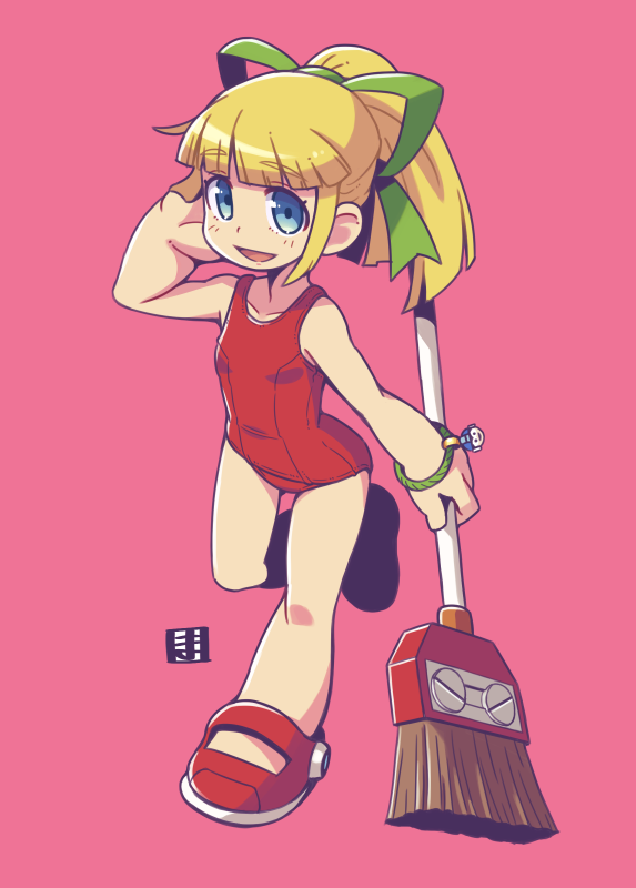 1girl :d arm_behind_head bare_arms bare_shoulders blonde_hair blue_eyes blush breasts broom collarbone commentary_request full_body green_ribbon hair_ribbon hand_up holding holding_broom looking_at_viewer mawaru_(mawaru) mega_man_(classic) mega_man_(series) old_school_swimsuit one-piece_swimsuit pink_background ponytail red_footwear red_swimsuit ribbon roll_(mega_man) school_swimsuit shoes simple_background small_breasts smile solo standing standing_on_one_leg swimsuit