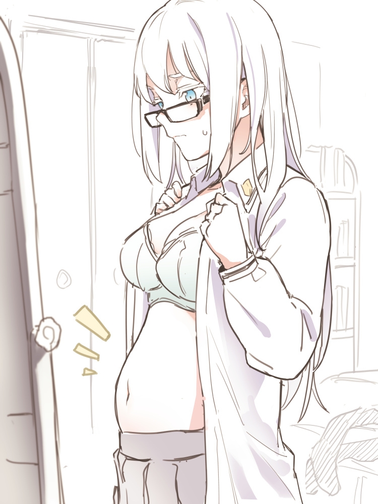 1girl asutora asutora-chan black-framed_eyewear blue_eyes bra breasts closed_mouth commentary_request glasses green_bra grey_skirt long_hair medium_breasts navel open_clothes open_shirt original pregnant shirt skirt solo underwear white_hair white_shirt