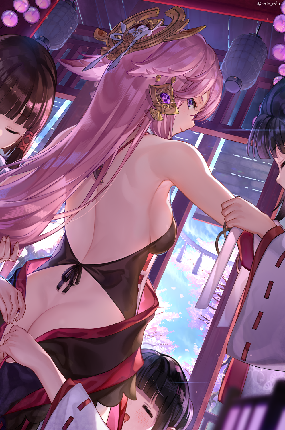 4girls ^_^ ^o^ animal_ears armpits ass back backless_outfit bangs bare_shoulders black_hair blue_sky blunt_bangs blush breasts brown_hair butt_crack cherry_blossoms closed_eyes dressing_another drooling female_pervert fox_ears from_behind genshin_impact hair_ornament happy highres japanese_clothes katoroku lantern large_breasts long_hair looking_at_viewer looking_back miko multiple_girls no_panties open_mouth pervert pink_hair sideboob sidelocks sky smile tying violet_eyes vision_(genshin_impact) wide_sleeves yae_miko