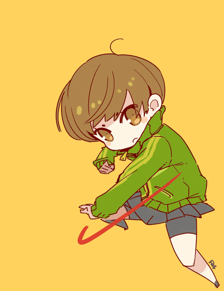 1girl bike_shorts brown_eyes brown_hair chibi closed_mouth full_body green_jacket jacket looking_at_viewer mota persona persona_4 satonaka_chie school_uniform short_hair simple_background skirt solo track_jacket yellow_background