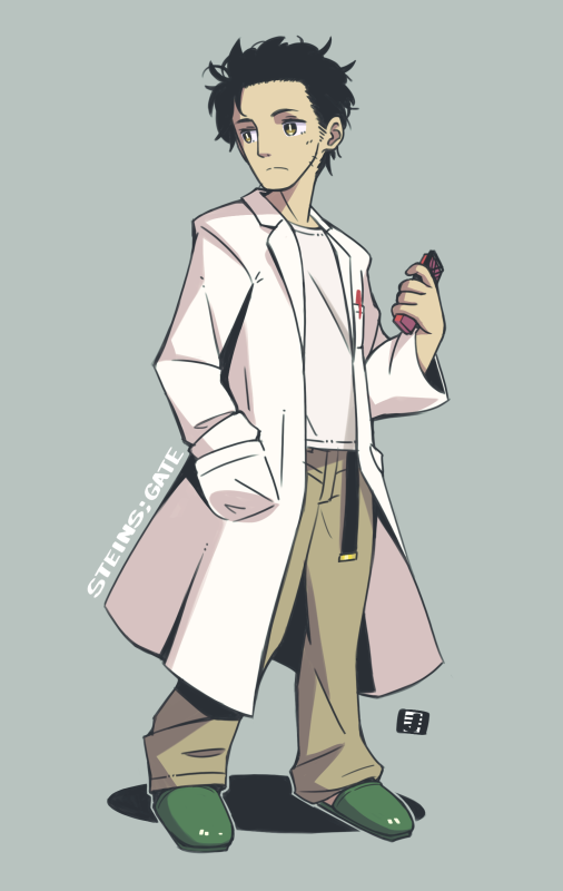 1boy black_hair brown_eyes brown_pants closed_mouth commentary_request copyright_name full_body green_footwear grey_background hand_in_pocket hand_up holding labcoat long_sleeves looking_away looking_to_the_side male_focus mawaru_(mawaru) okabe_rintarou open_clothes pants shadow shirt slippers solo standing steins;gate white_shirt