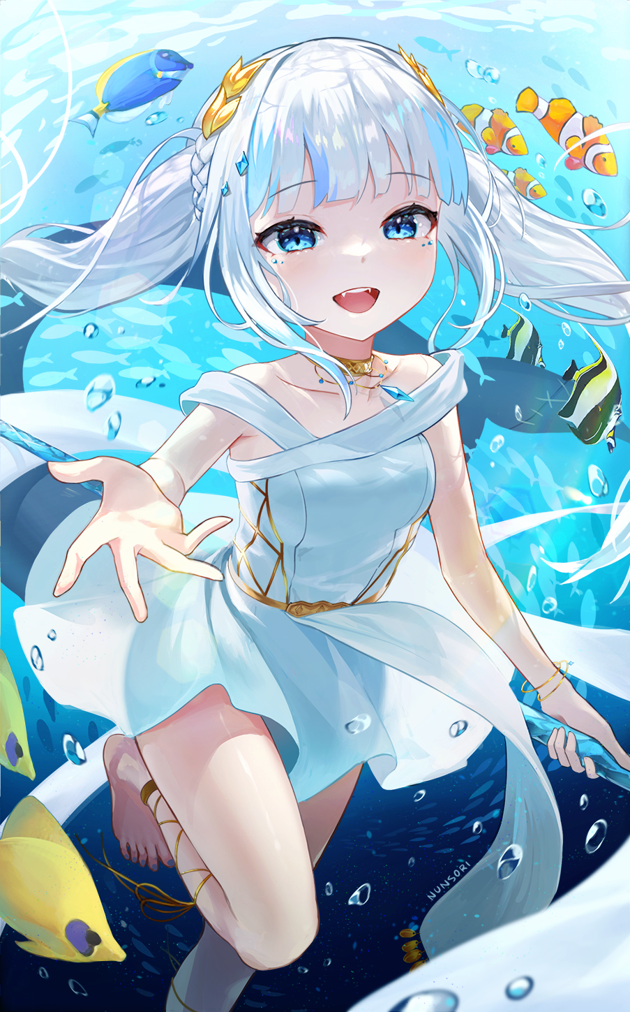 1girl bangs blue_eyes blue_hair blunt_bangs clownfish eyebrows_visible_through_hair fish fish_tail gawr_gura greek_clothes highres hololive hololive_english holomyth jewelry long_hair looking_at_viewer multicolored_hair necklace open_mouth polearm shark_fin shark_girl shark_tail sharp_teeth solo streaked_hair tail teeth theemptytrip trident underwater virtual_youtuber water weapon white_hair