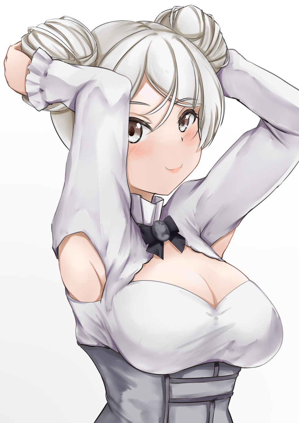 1girl alternate_hairstyle armpit_cutout armpits arms_up breasts cleavage_cutout clothing_cutout conte_di_cavour_(kancolle) double_bun dress grey_dress grey_eyes highres kantai_collection koru_pera large_breasts layered_dress long_sleeves silver_hair smile solo two-tone_dress upper_body white_dress