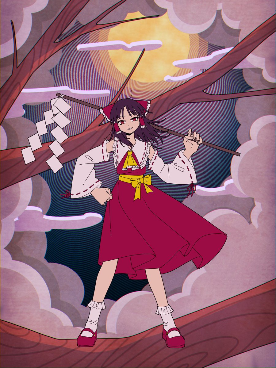 1girl bad_id bad_pixiv_id bow branch brown_hair clouds detached_sleeves dress eyebrows_behind_hair frilled_bow frilled_hair_tubes frills full_body full_moon gohei hair_bow hair_tubes hakurei_reimu highres holding long_sleeves looking_at_viewer mary_janes medium_hair moon parted_lips red_bow red_dress red_eyes red_footwear ribbon-trimmed_sleeves ribbon_trim safe3133 shoes sidelocks sleeveless sleeveless_dress smile socks solo symbol-only_commentary touhou tsurime waist_bow white_legwear white_sleeves wide_sleeves yellow_bow