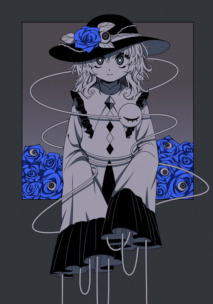 1girl arms_at_sides bad_id bad_twitter_id blouse blue_flower blue_rose buttons closed_mouth diamond_button eyeball eyeball_hat_ornament flower frilled_shirt_collar frilled_sleeves frills greyscale hair_between_eyes hat hat_flower highres komeiji_koishi leaf long_sleeves looking_at_viewer medium_hair monochrome rose safe3133 shirt sleeves_past_fingers sleeves_past_wrists smile solo spot_color third_eye thorns touhou upper_body wavy_hair wide_sleeves