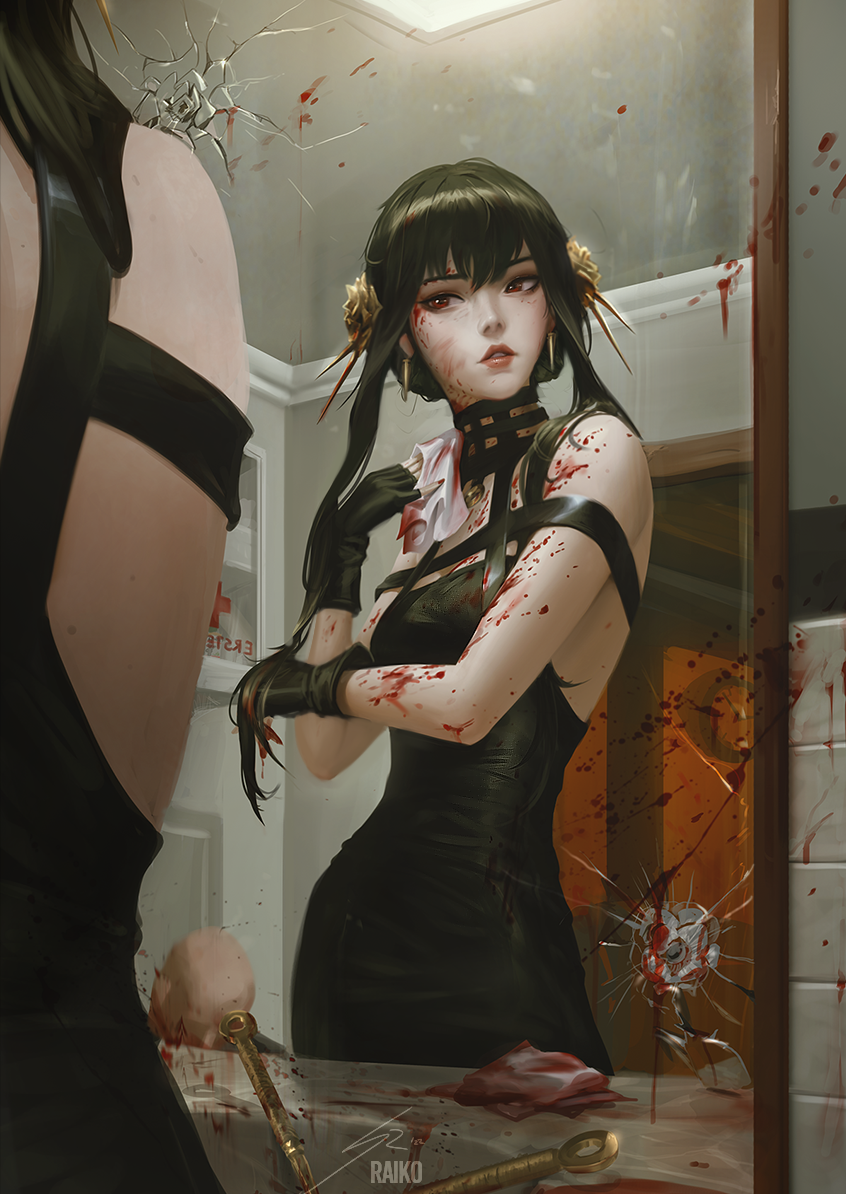 1girl bathroom black_dress black_gloves black_hair blood blood_on_arm blood_on_clothes blood_on_face blood_on_rags blood_on_weapon blood_splatter breasts bullet_hole corpse cracked_glass dagger death dress earrings english_commentary fingerless_gloves gloves gold gold_earrings jewelry knife lipstick long_hair looking_at_mirror looking_to_the_side makeup mirror multiple_views murder parted_lips raikoart red_eyes red_lips red_nails reflection revision rose_hair_ornament short_hair_with_long_locks sidelocks sink spikes spy_x_family weapon wiping yor_briar