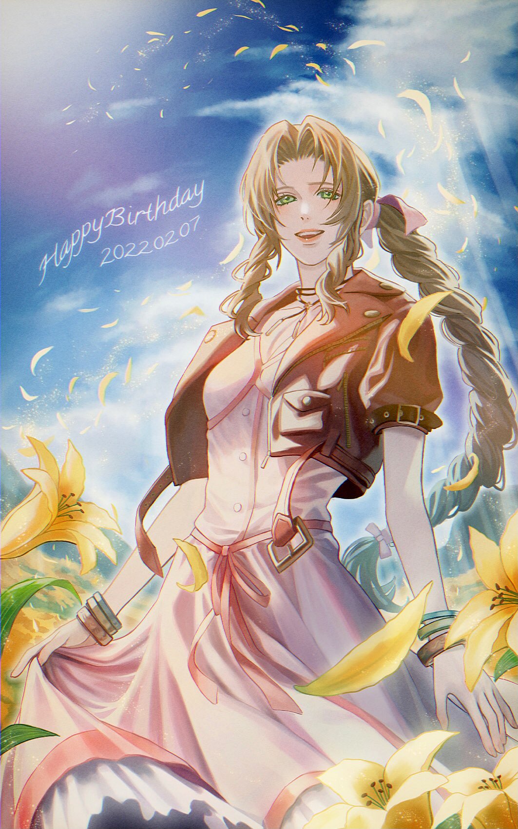 0_ebj 1girl aerith_gainsborough bangs belt bracelet braid braided_ponytail breasts brown_hair buttons choker clouds cloudy_sky dress falling_petals final_fantasy final_fantasy_vii final_fantasy_vii_remake flower green_eyes hair_ribbon highres jacket jewelry long_dress long_hair medium_breasts open_mouth parted_bangs petals pink_dress red_jacket ribbon short_sleeves sidelocks sky smile solo upper_body yellow_flower