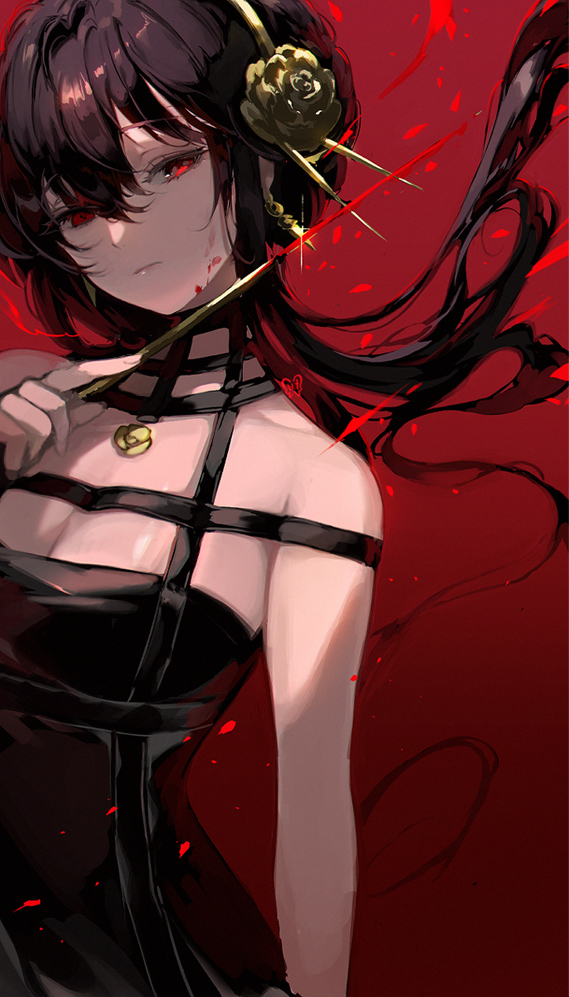 1girl black_dress black_hair blood blood_on_weapon breasts closed_mouth commentary dress earrings gold_earrings gold_hairband gradient gradient_background hair_between_eyes holding holding_weapon jewelry long_hair looking_at_viewer medium_breasts o_hyatsu_4 red_background red_eyes rose_hair_ornament sleeveless sleeveless_dress solo spy_x_family weapon yor_briar