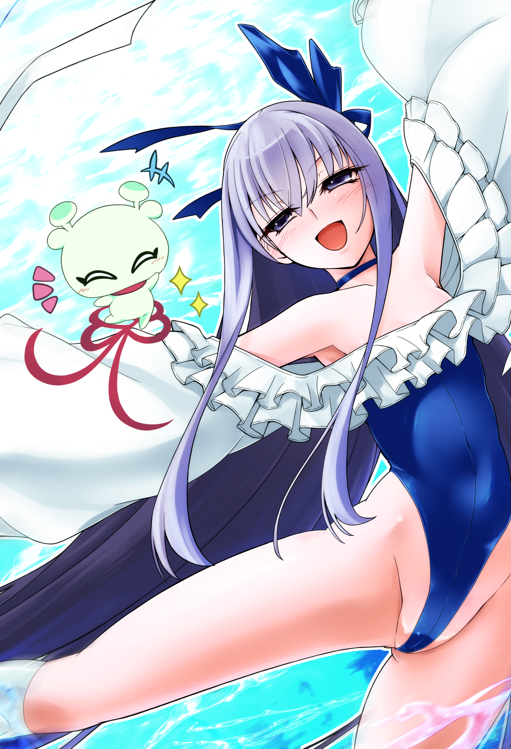 1girl absurdly_long_hair blue_choker blue_ribbon blue_swimsuit breasts choker fate/grand_order fate_(series) frilled_swimsuit frills highleg highleg_swimsuit highres hisame_genta kon_(fate) long_hair meltryllis_(fate) meltryllis_(swimsuit_lancer)_(fate) meltryllis_(swimsuit_lancer)_(second_ascension)_(fate) off-shoulder_one-piece_swimsuit off_shoulder one-piece_swimsuit open_mouth purple_hair ribbon sleeves_past_fingers sleeves_past_wrists small_breasts strapless strapless_swimsuit swimsuit very_long_hair violet_eyes