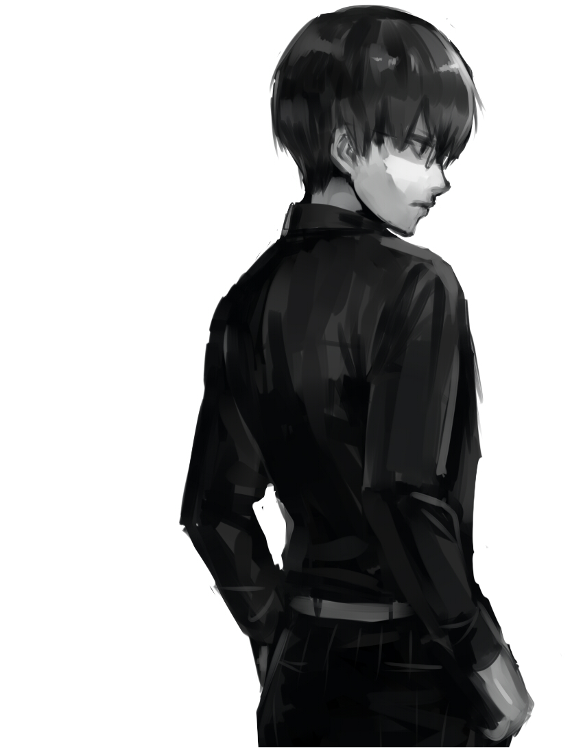 1boy ass belt black_reaper closed_mouth from_behind grey_background greyscale kaneki_ken long_sleeves male_focus monochrome pants shiromi_(ringo) shirt shirt_tucked_in short_hair simple_background solo tokyo_ghoul