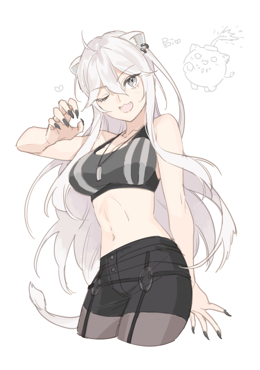 1girl :3 animal_ears arm_at_side bangs bare_shoulders black_nails black_shorts breasts brown_legwear claw_pose cropped_legs dog_tags ear_piercing grey_eyes grey_hair highres hololive lion_ears lion_girl lion_tail long_hair looking_at_viewer medium_breasts midriff navel one-piece_swimsuit open_mouth otama_(atama_ohanabatake) piercing poi shishiro_botan shorts simple_background ssrb swimsuit tail white_background