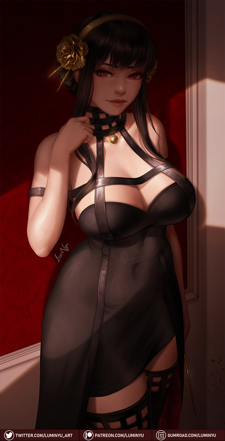 1girl black_dress black_legwear breasts brown_hair closed_mouth covered_navel curvy dress gold_hairband gumroad_username hairband highres large_breasts looking_at_viewer luminyu patreon_username red_eyes rose_hair_ornament signature solo spy_x_family sunlight thigh-highs twitter_username web_address yor_briar