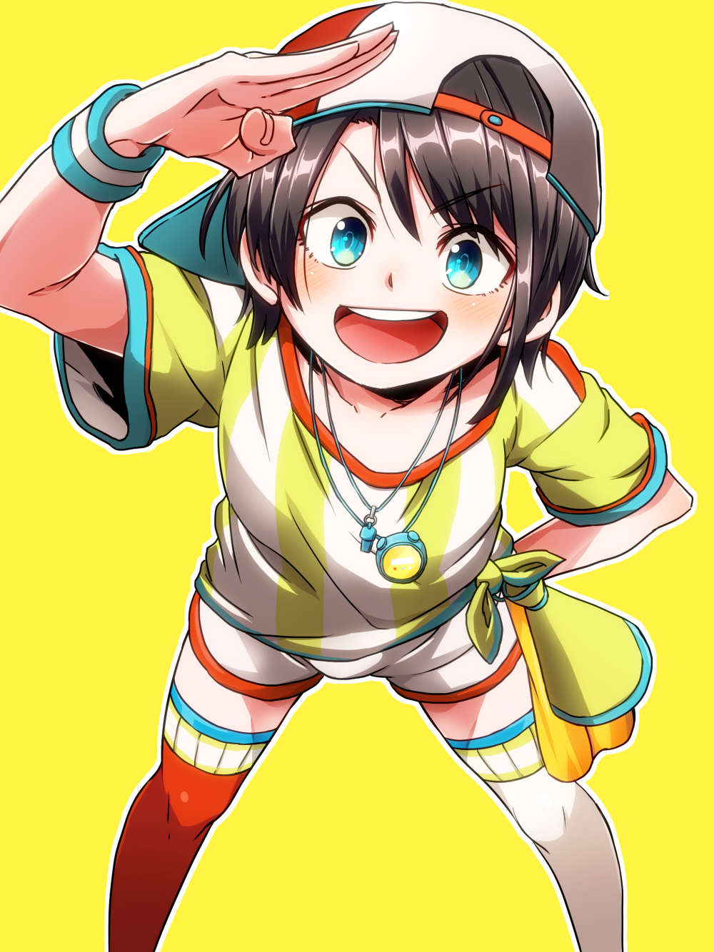 1girl aono3 aqua_eyes asymmetrical_legwear backwards_hat bangs baseball_cap brown_hair hat highres hololive mismatched_legwear oozora_subaru red_headwear red_legwear shirt short_hair shorts solo striped striped_shirt sweatband swept_bangs t-shirt tied_shirt two-tone_headwear vertical-striped_shirt vertical_stripes virtual_youtuber white_headwear white_legwear white_shirt white_shorts wristband yellow_shirt