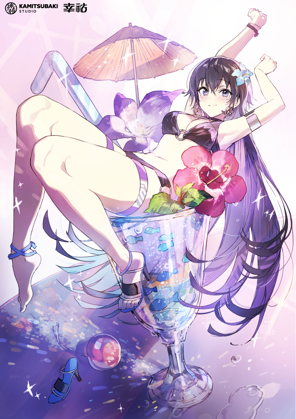 anklet bikini bracelet cocktail_glass cup drinking_glass flower highres jewelry kamitsubaki_studio koko_(kamitsubaki_studio) leg_belt long_hair long_legs md5_mismatch multicolored_background purple_hair resolution_mismatch sandals source_larger summer swimsuit violet_eyes wata