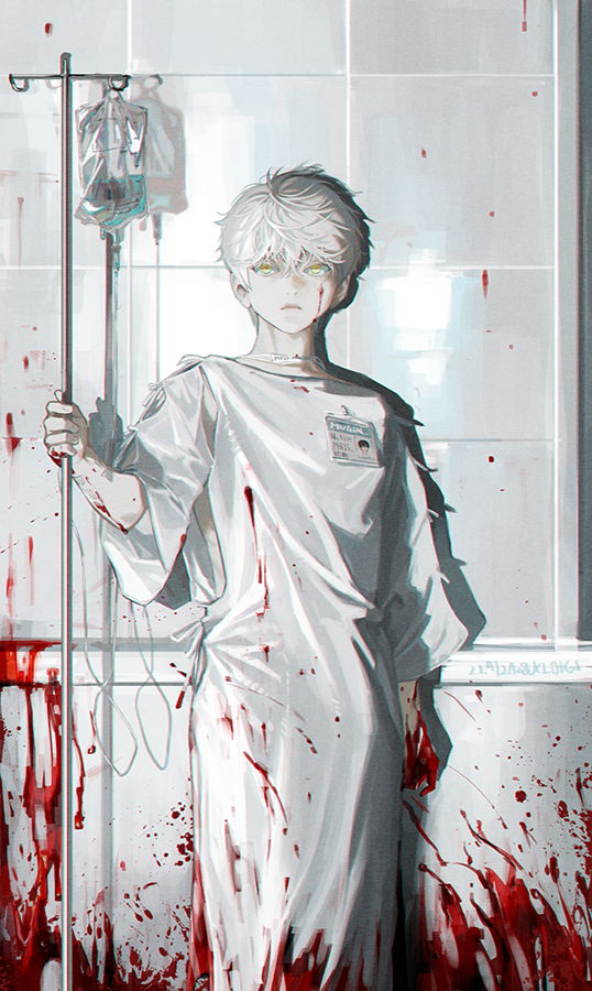 1boy blackbox_(blackbox9158) blood blood_on_clothes blood_on_face blood_on_hands blood_on_wall blood_splatter child expressionless hospital_gown intravenous_drip korean_commentary looking_at_viewer male_focus name_tag original solo white_hair yellow_eyes