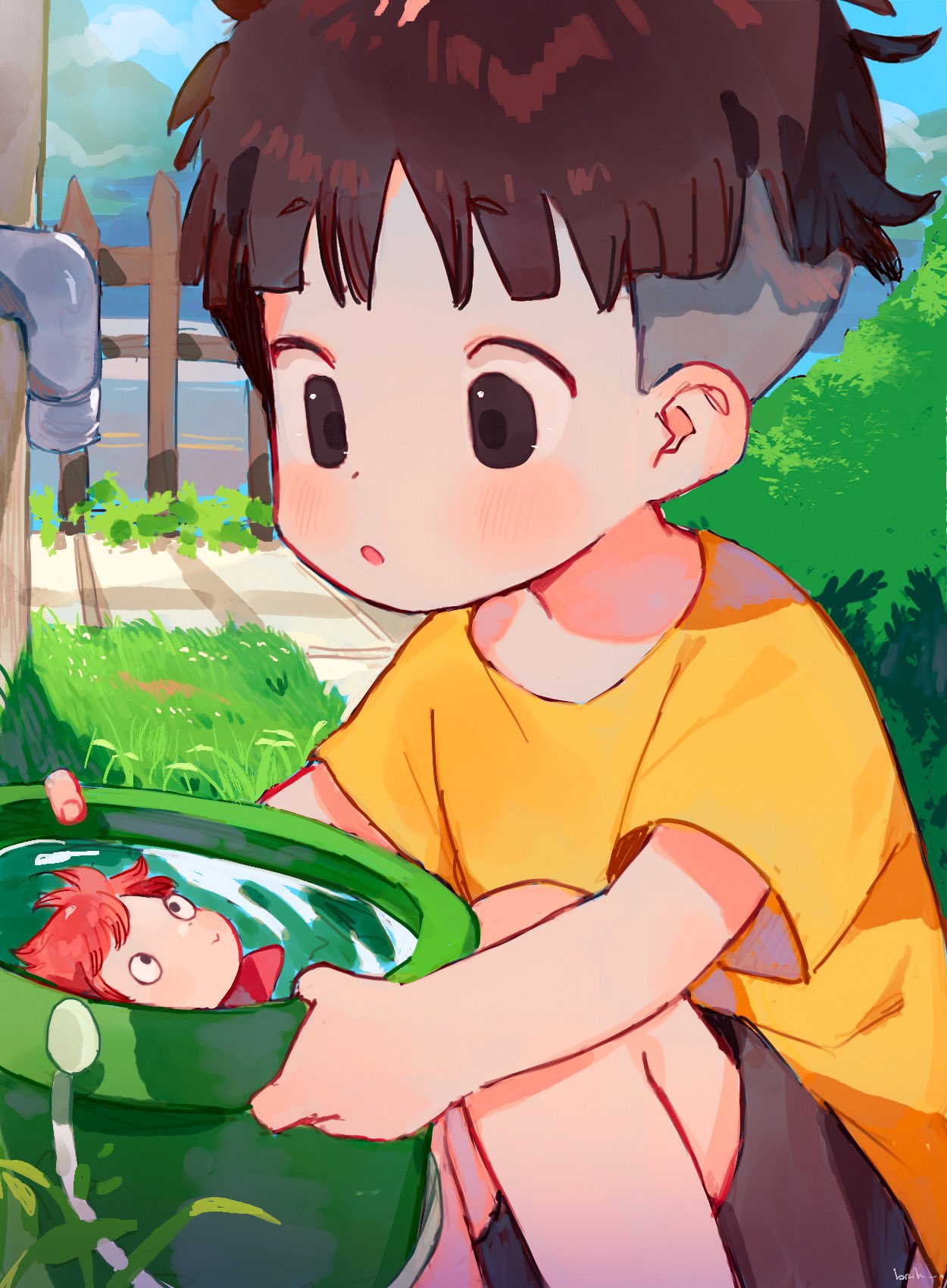 1boy 1girl blue_sky brown_hair brown_shorts commentary day english_commentary eyebrows_visible_through_hair fence fish_girl gake_no_ue_no_ponyo grass highres holding holding_pot kneeling looking_at_another monster_girl no_eyebrows outdoors ponyo pot redhead shirt short_hair short_sleeves shorts sky solo_focus sousuke_(ponyo) thebrushking yellow_shirt