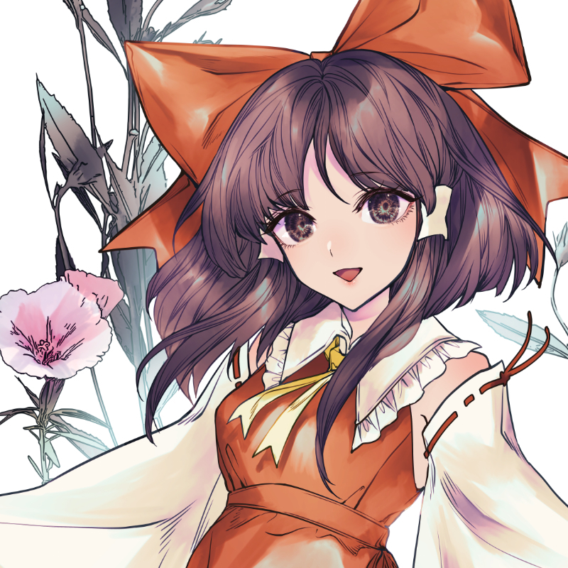 1girl arms_up ascot bangs bare_shoulders belt blue_flower bow branch breasts brown_eyes brown_hair collared_dress commentary_request cropped detached_sleeves dress eyebrows_visible_through_hair eyelashes fingernails flower frills gin_fragrans gohei hair_bow hair_ornament hair_tubes hakurei_reimu hands_up long_fingernails long_sleeves looking_at_viewer medium_breasts open_mouth pink_flower purple_flower red_belt red_bow red_dress red_ribbon ribbon ribbon-trimmed_sleeves ribbon_trim short_hair smile solo standing touhou triangle_mouth white_background wide_sleeves yellow_ascot