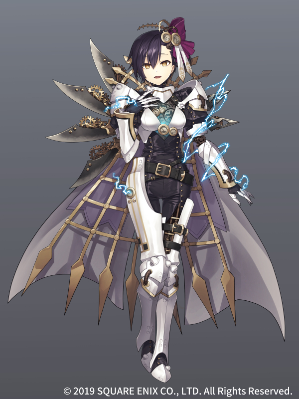 1girl armor belt cape clock energy full_body gears gradient gradient_background grey_background grimms_notes mecha_paracelsus official_art open_mouth purple_hair ribbon sakanahen short_hair smile solo yellow_eyes