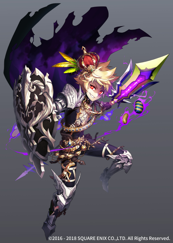 1boy armor black_background black_bodysuit blonde_hair bodysuit cape chaos_jack crown full_body gradient gradient_background grimms_notes grin jewelry male_focus official_art polearm red_eyes sakanahen shield smile solo spear teeth torn_cape torn_clothes weapon