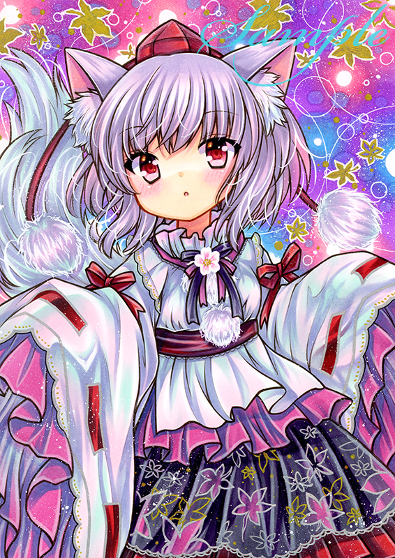 1girl :o animal_ear_fluff animal_ears bangs black_skirt blush cowboy_shot dot_nose embellished_costume eyebrows_visible_through_hair frilled_sleeves frills grey_hair hat inubashiri_momiji leaf leaf_print long_sleeves looking_at_viewer marker_(medium) neck_ribbon parted_lips pom_pom_(clothes) print_skirt purple_background red_eyes red_headwear red_ribbon red_sash ribbon ribbon-trimmed_sleeves ribbon_trim rui_(sugar3) sample_watermark sash shirt short_hair silver_hair skirt sleeves_past_fingers sleeves_past_wrists solo standing tail tokin_hat touhou traditional_media watermark white_shirt wide_sleeves wolf_ears wolf_tail
