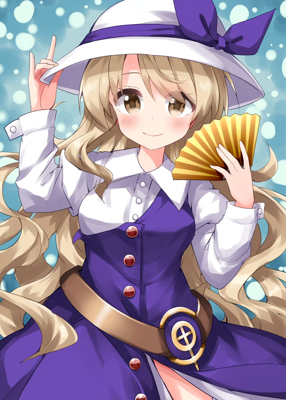 1girl bangs belt blonde_hair bow breasts buttons collared_shirt dress hat hat_bow hat_ribbon highres long_dress long_hair long_sleeves loose_belt medium_breasts one-hour_drawing_challenge open_clothes open_dress pinafore_dress purple_bow purple_dress ribbon ruu_(tksymkw) shirt single_strap solo touhou watatsuki_no_toyohime white_headwear white_shirt yellow_eyes