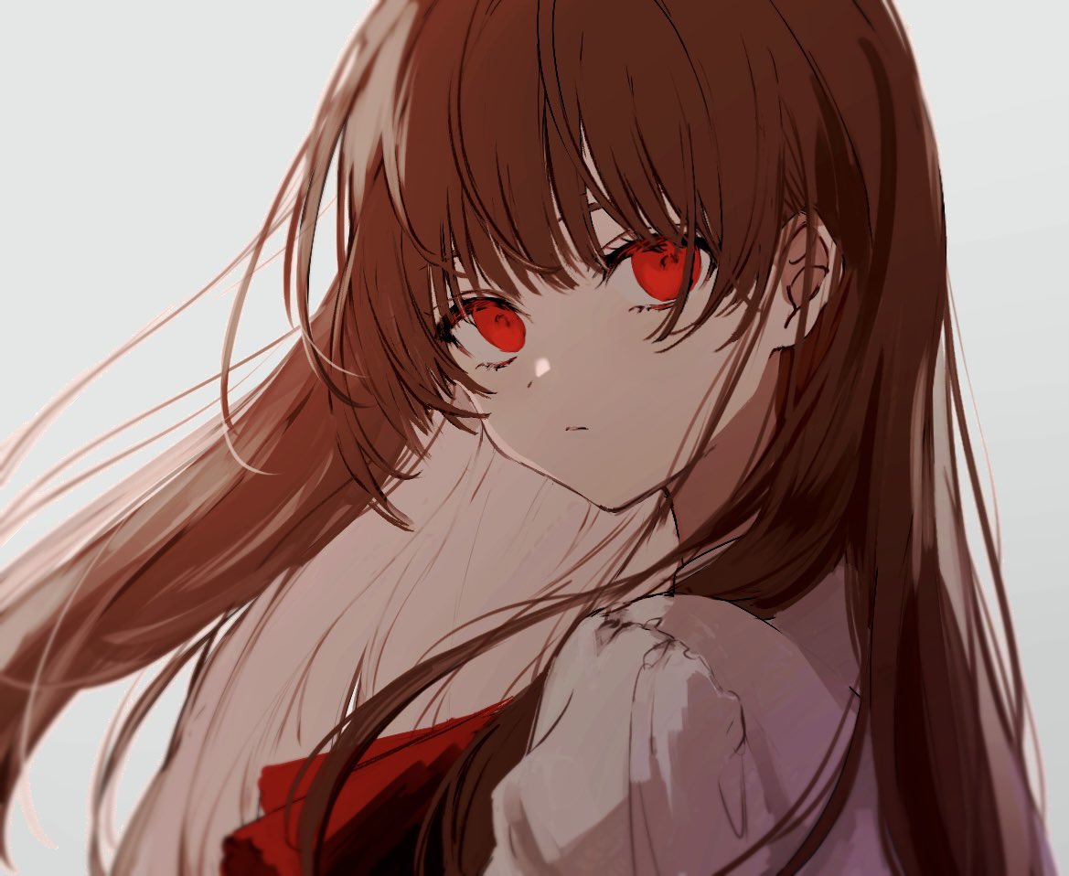 1girl ascot bangs brown_hair expressionless face grey_background ib ib_(ib) long_hair looking_at_viewer nozz177 portrait red_ascot red_eyes simple_background solo