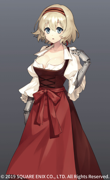 1girl blonde_hair blue_eyes breasts corset full_body gradient gradient_background grey_background grimms_notes hairband ilsa_(grimms_notes) large_breasts official_art open_mouth prosthesis prosthetic_arm sakanahen short_hair solo upper_body