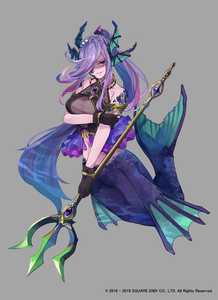 1girl body_markings breasts chaos_siren copyright frills full_body grimms_notes grin huge_breasts long_hair makihitsuji mermaid midriff monster_girl navel official_art polearm ponytail shaded_face smile solo teeth trident violet_eyes weapon