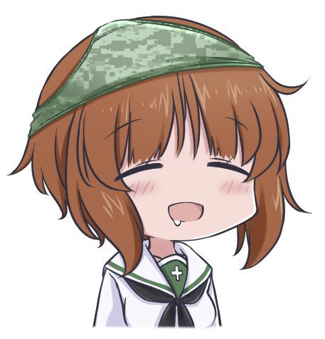 1girl blush breasts brown_hair camouflage camouflage_panties closed_eyes girls_und_panzer hazuki_haru implied_yuri lowres nishizumi_miho object_on_head ooarai_school_uniform open_mouth panties panties_on_head saliva school_uniform shiny shiny_hair short_hair simple_background small_breasts smile solo underwear upper_body white_background