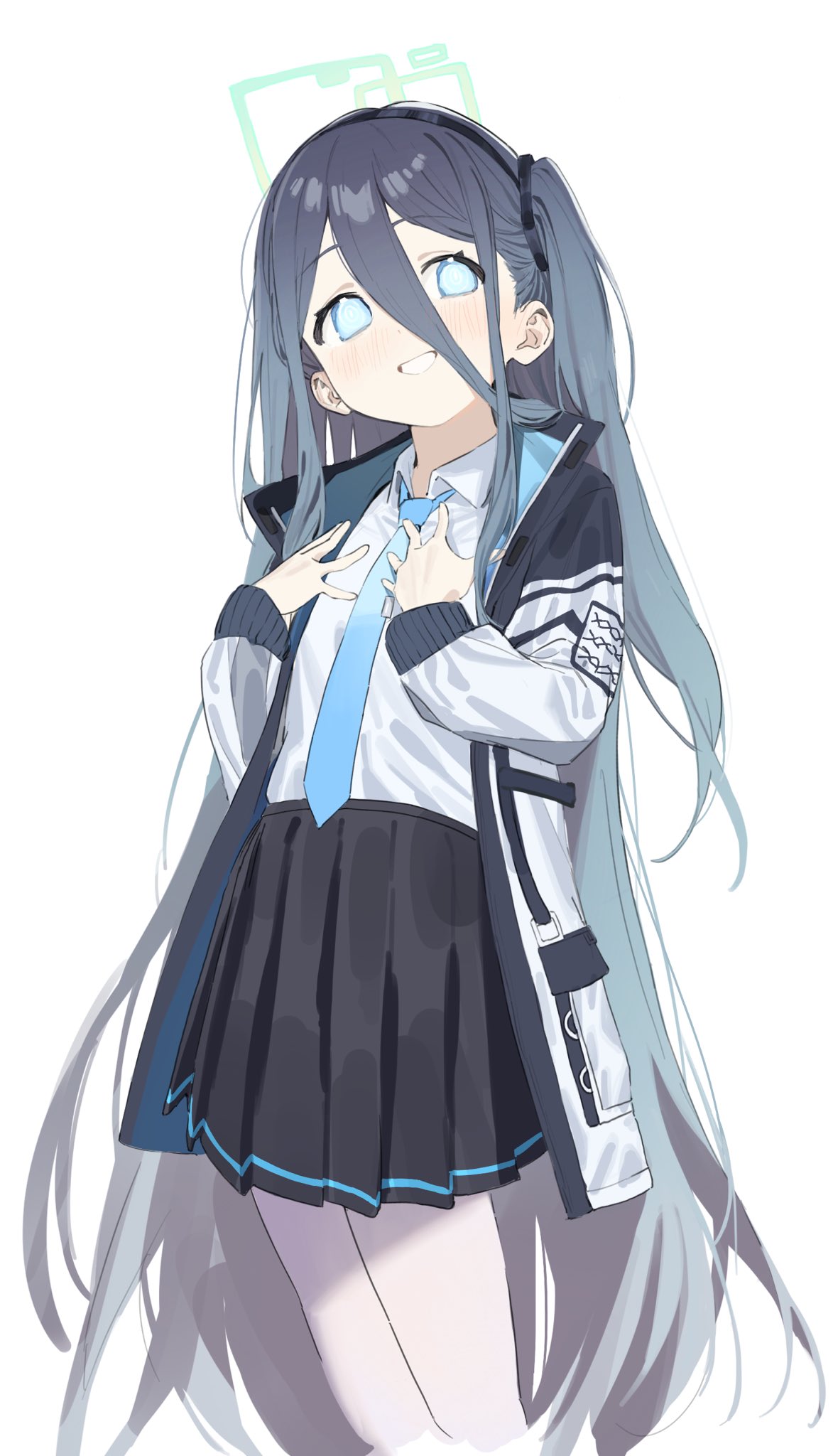 absurdly_long_hair arisu_(blue_archive) black_hair black_hairband blue_archive blue_eyes blue_necktie bright_pupils collared_shirt dark_blue_hair hair_between_eyes hairband halo highres jacket kona_ming long_hair multicolored_clothes multicolored_jacket necktie one_side_up pleated_skirt shirt skirt tie_clip very_long_hair white_pupils