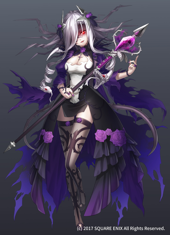 1girl black_background breasts chaos_13th_witch dress gradient gradient_background grimms_notes hair_ornament large_breasts long_hair nail_polish official_art open_mouth red_eyes sakanahen silver_hair smile snake_hair solo staff thigh-highs weapon