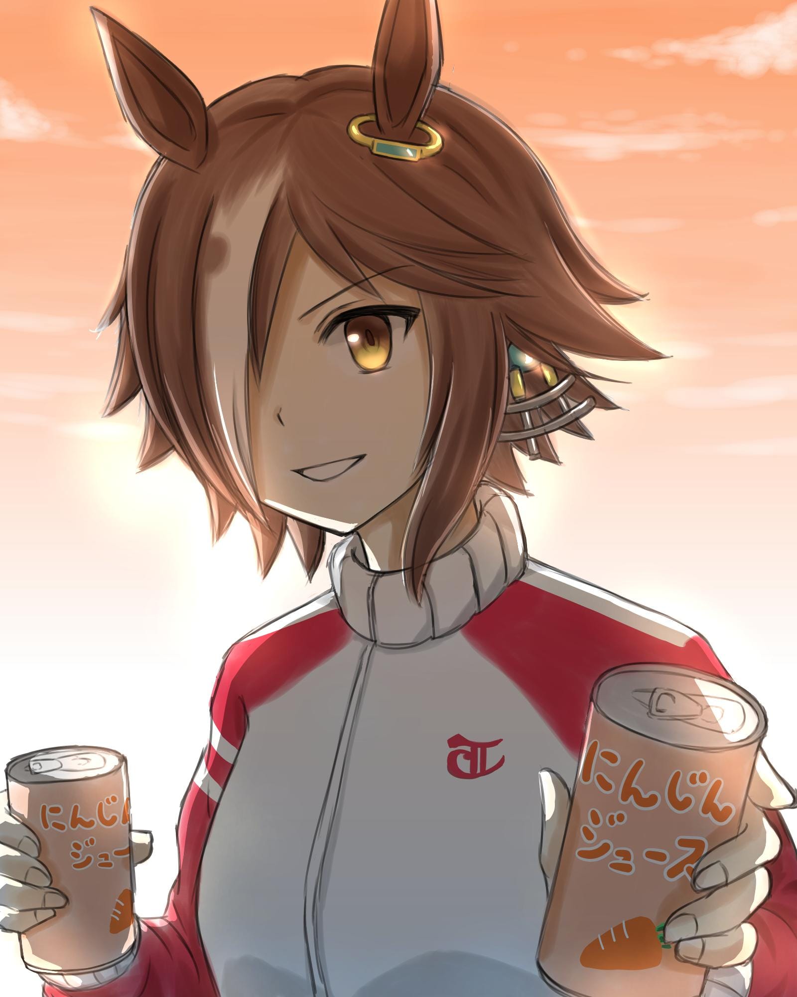 1girl :d animal_ears bad_id bad_twitter_id bangs brown_hair can clouds cloudy_sky grin hair_over_one_eye highres holding holding_can horse_ears horse_girl jacket long_sleeves looking_at_viewer nano_hana_01 open_mouth outdoors red_jacket short_hair sky smile soda_can solo sunset teeth track_jacket umamusume vodka_(umamusume) yellow_eyes
