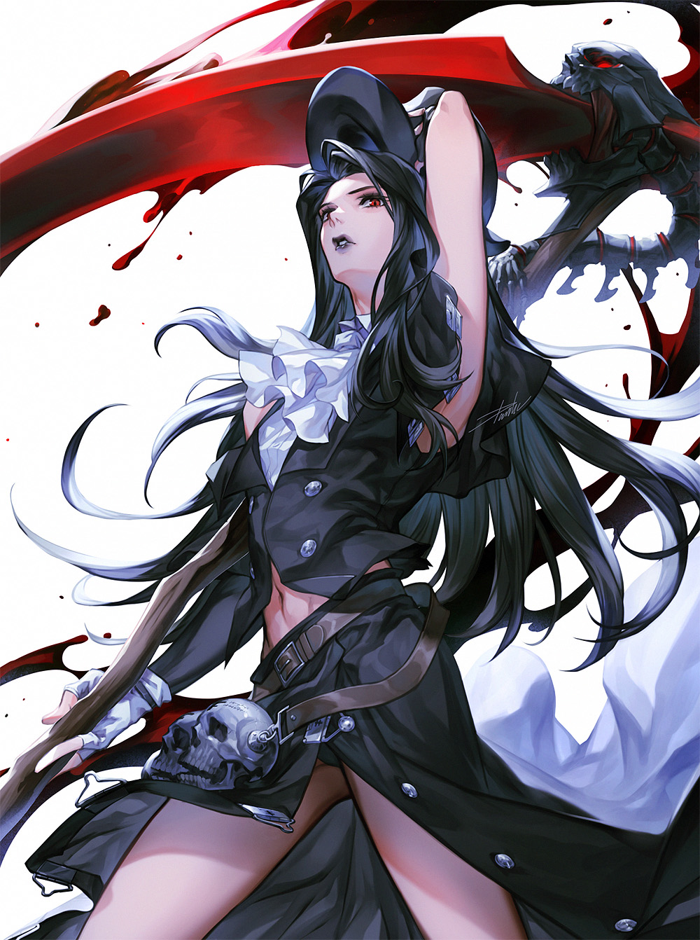 1other androgynous arm_up armpits ascot asymmetrical_gloves bare_shoulders black_hair black_lips black_suit blood collared_shirt danhu eyeshadow fingerless_gloves formal gloves guilty_gear guilty_gear_strive hat highres holding holding_weapon long_hair looking_at_viewer makeup midriff navel red_eyes scythe shirt side_slit simple_background skull standing stomach straight_hair suit testament_(guilty_gear) top_hat weapon white_background white_gloves white_shirt